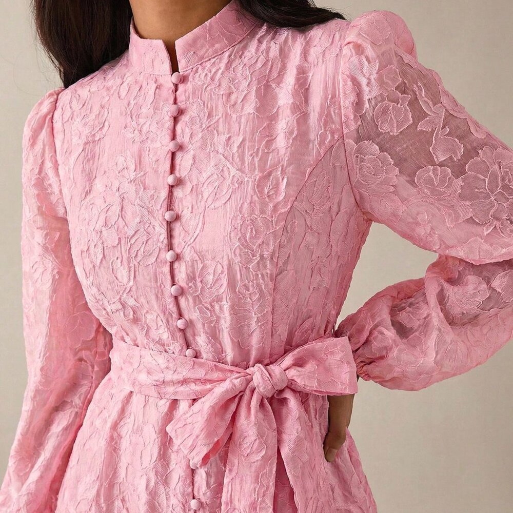 Pink Elegant Women's A-Line Short Dress with Cinched Waist, Puff Sleeves - Picture 7 of 7